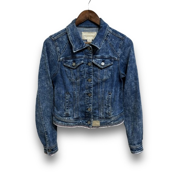 Pilcro and the Letterpress Avie Leather Tab Denim Trucker Jacket Size S 16x20 - Picture 1 of 7